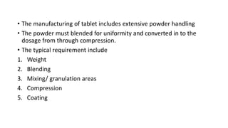 • The manufacturing of tablet includes extensive powder handling
• The powder must blended for uniformity and converted in to the
dosage from through compression.
• The typical requirement include
1. Weight
2. Blending
3. Mixing/ granulation areas
4. Compression
5. Coating
 
