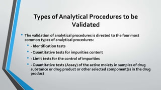 Types of Analytical Procedures to be
Validated
• The validation of analytical procedures is directed to the four most
common types of analytical procedures:
• - Identification tests
• - Quantitative tests for impurities content
• - Limit tests for the control of impurities
• - Quantitative tests (Assay) of the active moiety in samples of drug
substance or drug product or other selected component(s) in the drug
product
 