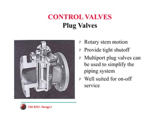 CONTROL VALVES
Plug Valves
+ Rotary stem motion
+ Provide tight shutoff
+ Multiport plug valves can
be used to simplify the
piping system
+ Well suited for on-off
service
ChE 4253 -DesignI
ChE 4253 -DesignI
 