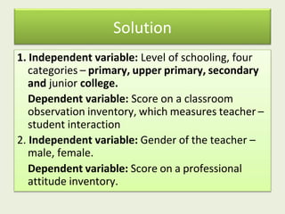 Solution
1. Independent variable: Level of schooling, four
categories – primary, upper primary, secondary
and junior college.
Dependent variable: Score on a classroom
observation inventory, which measures teacher –
student interaction
2. Independent variable: Gender of the teacher –
male, female.
Dependent variable: Score on a professional
attitude inventory.
 