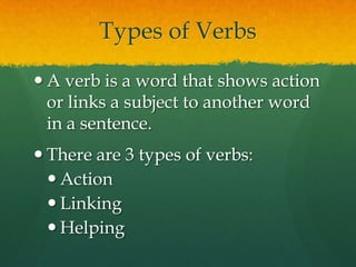 Types of VerbsA verb is a word that shows action or links a subject to another word in a sentence.There are 3 types of verbs:ActionLinking Helping