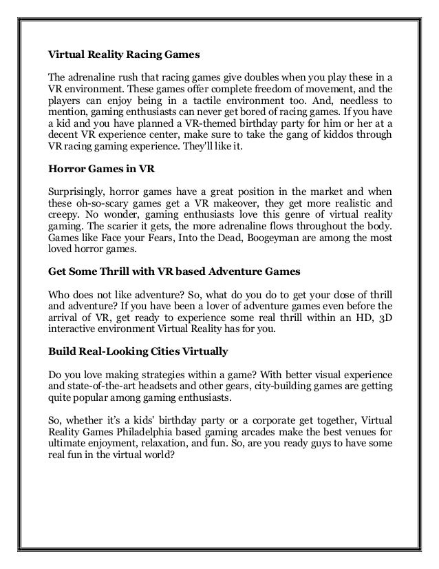Types Of Virtual Reality Games In Philadelphia