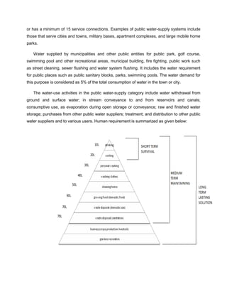 or has a minimum of 15 service connections. Examples of public water-supply systems include
those that serve cities and towns, military bases, apartment complexes, and large mobile home
parks.
Water supplied by municipalities and other public entities for public park, golf course,
swimming pool and other recreational areas, municipal building, fire fighting, public work such
as street cleaning, sewer flushing and water system flushing. It includes the water requirement
for public places such as public sanitary blocks, parks, swimming pools. The water demand for
this purpose is considered as 5% of the total consumption of water in the town or city.
The water-use activities in the public water-supply category include water withdrawal from
ground and surface water; in stream conveyance to and from reservoirs and canals;
consumptive use, as evaporation during open storage or conveyance; raw and finished water
storage; purchases from other public water suppliers; treatment; and distribution to other public
water suppliers and to various users. Human requirement is summarized as given below:

 