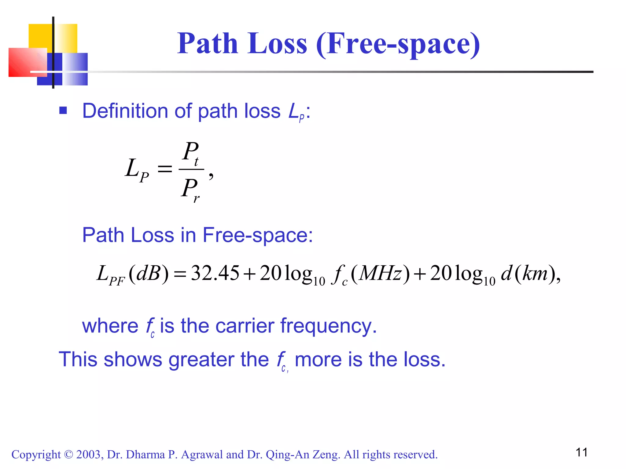 Copyright © 2003, Dr. Dharma P. Agrawal and Dr. Qing-An Zeng. All rights reserved. 11
Path Loss (Free-space)
 Definition of path loss LP :
Path Loss in Free-space:
where fc is the carrier frequency.
This shows greater the fc , more is the loss.
,
r
t
P
P
P
L =
),(log20)(log2045.32)( 1010 kmdMHzfdBL cPF ++=
 