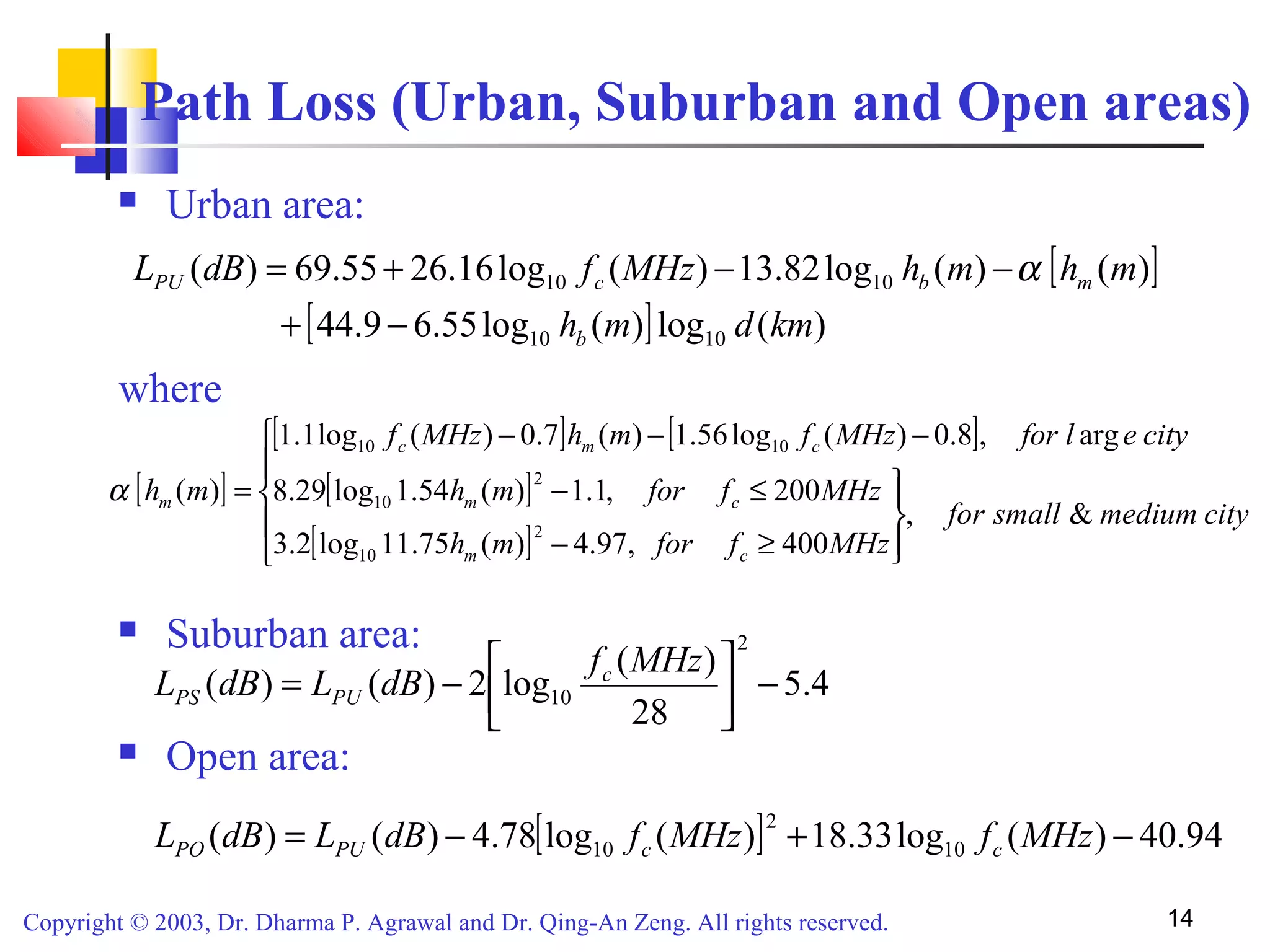 Copyright © 2003, Dr. Dharma P. Agrawal and Dr. Qing-An Zeng. All rights reserved. 14
Path Loss (Urban, Suburban and Open areas)
 Urban area:
where
 Suburban area:
 Open area:
[ ]
[ ] )(log)(log55.69.44
)()(log82.13)(log16.2655.69)(
1010
1010
kmdmh
mhmhMHzfdBL
b
mbcPU
−+
−−+= α
[ ]
[ ] [ ]
[ ]
[ ]








≥−
≤−
−−−
=
citymediumsmallfor
MHzfformh
MHzfformh
cityelforMHzfmhMHzf
mh
cm
cm
cmc
m
&,
400,97.4)(75.11log2.3
200,1.1)(54.1log29.8
arg,8.0)(log56.1)(7.0)(log1.1
)(
2
10
2
10
1010
α
4.5
28
)(
log2)()(
2
10 −





−=
MHzf
dBLdBL c
PUPS
[ ] 94.40)(log33.18)(log78.4)()( 10
2
10 −+−= MHzfMHzfdBLdBL ccPUPO
 