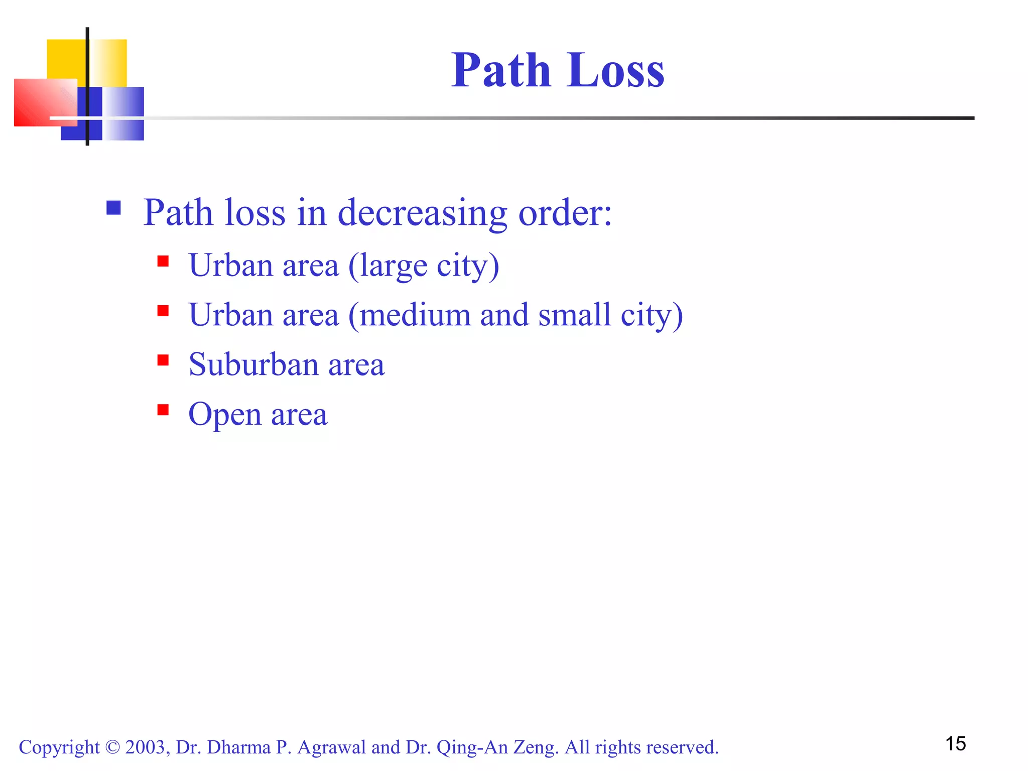 Copyright © 2003, Dr. Dharma P. Agrawal and Dr. Qing-An Zeng. All rights reserved. 15
Path Loss
 Path loss in decreasing order:
 Urban area (large city)
 Urban area (medium and small city)
 Suburban area
 Open area
 
