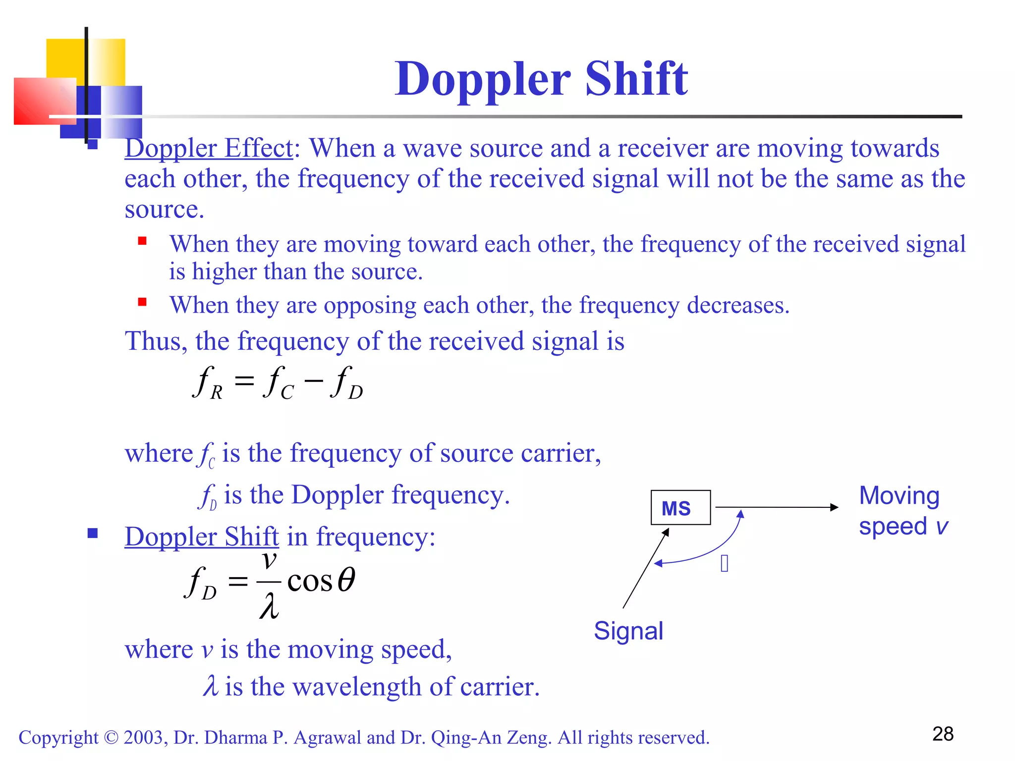 Copyright © 2003, Dr. Dharma P. Agrawal and Dr. Qing-An Zeng. All rights reserved. 28
Doppler Shift
 Doppler Effect: When a wave source and a receiver are moving towards
each other, the frequency of the received signal will not be the same as the
source.
 When they are moving toward each other, the frequency of the received signal
is higher than the source.
 When they are opposing each other, the frequency decreases.
Thus, the frequency of the received signal is
where fC is the frequency of source carrier,
fD is the Doppler frequency.
 Doppler Shift in frequency:
where v is the moving speed,
λ is the wavelength of carrier.
θ
λ
cos
v
fD =
DCR fff −=
MS
Signal
Moving
speed v

 
