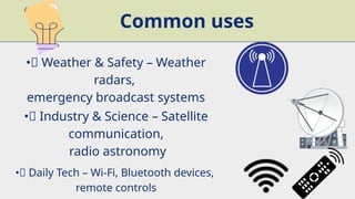 Common uses
•✅ Weather & Safety – Weather
radars,
emergency broadcast systems
•✅ Industry & Science – Satellite
communication,
radio astronomy
•✅ Daily Tech – Wi‑Fi, Bluetooth devices,
remote controls
 