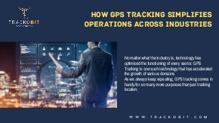 How GPS Tracking Simplifies
Operations Across Industries
No matter what the industry is, technology has
optimised the functioning of every sector. GPS
Tracking is one such technology that has accelerated
the growth of various domains.
As we always keep repeating, GPS tracking comes in
handy for so many more purposes than just tracking
location.
w w w . t r a c k o b i t . c o m
 