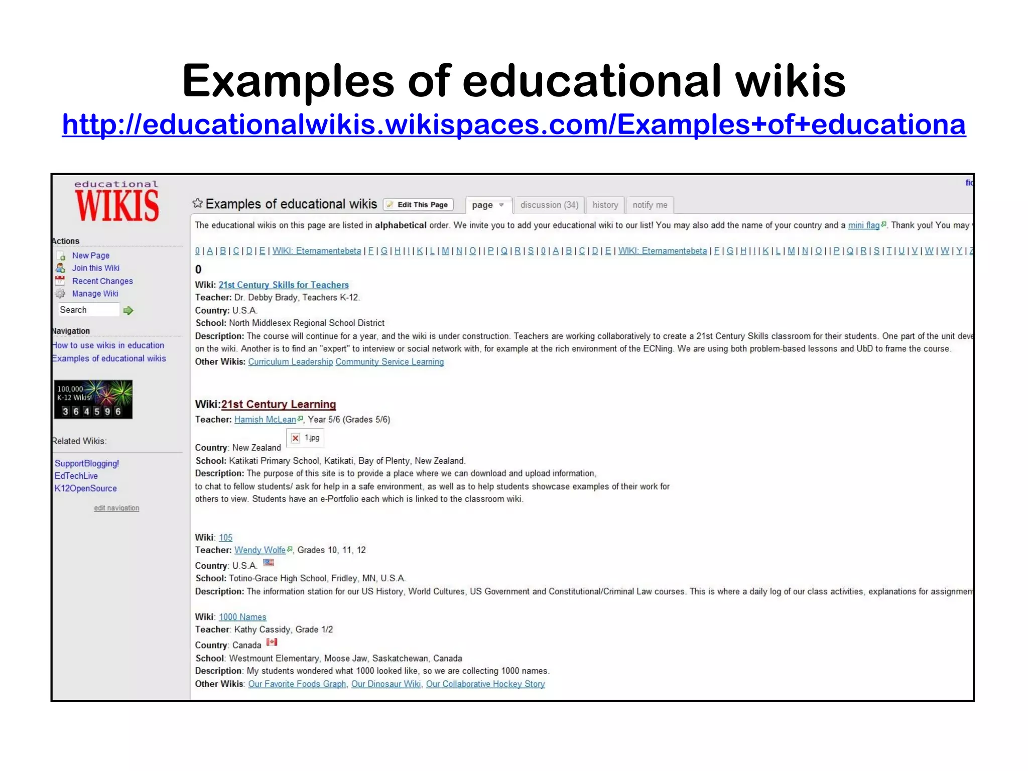 Examples of educational wikis
http://educationalwikis.wikispaces.com/Examples+of+educational+wik
 