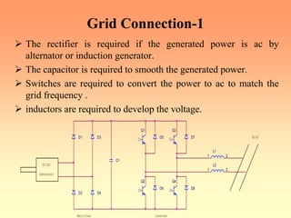 Grid Connection-1
¾ The rectifier is required if the generated power is ac by
alternator or induction generator.
¾ The capacitor is required to smooth the generated power.
¾ Switches are required to convert the power to ac to match the
grid frequency .
¾ inductors are required to develop the voltage.
D4
D7
Inverter
C1
Q2
Q3
Generator
D6
L2
1 2
Q1
D2
Rectifier
D8
D5
L1
1 2
Grid
D3
D1
DC/AC
Q4
 