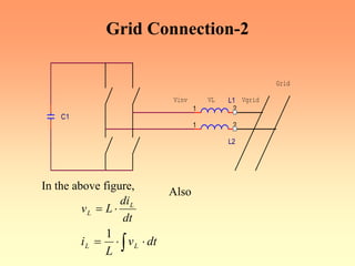Grid Connection-2
Vinv VL
L2
1 2
Vgrid
L1
1 2
C1
Grid
In the above figure,
dt
di
L
v L
L ⋅
=
dt
v
L
i L
L ⋅
⋅
= ∫
1
Also
 