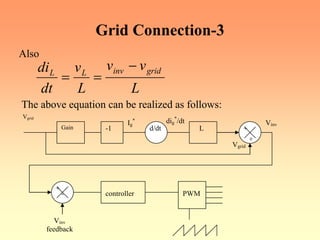 Grid Connection-3
Also
L
v
v
L
v
dt
di grid
inv
L
L
−
=
=
The above equation can be realized as follows:
Vgrid
Gain -1 d/dt L
controller PWM
Ig
* dig
*
/dt
Vgrid
Vinv
Vinv
feedback
+
+
+
-
 