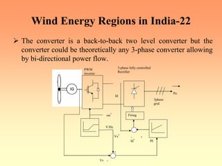 Wind Energy Regions in India-22
¾ The converter is a back-to-back two level converter but the
converter could be theoretically any 3-phase converter allowing
by bi-directional power flow.
PWM
inverter
3-phase fully controlled
Rectifier
Firing
Po
3phase
grid
Vs -
ωe*
V/Hz
Vs*
+
Id*
PI
Id
- +
 