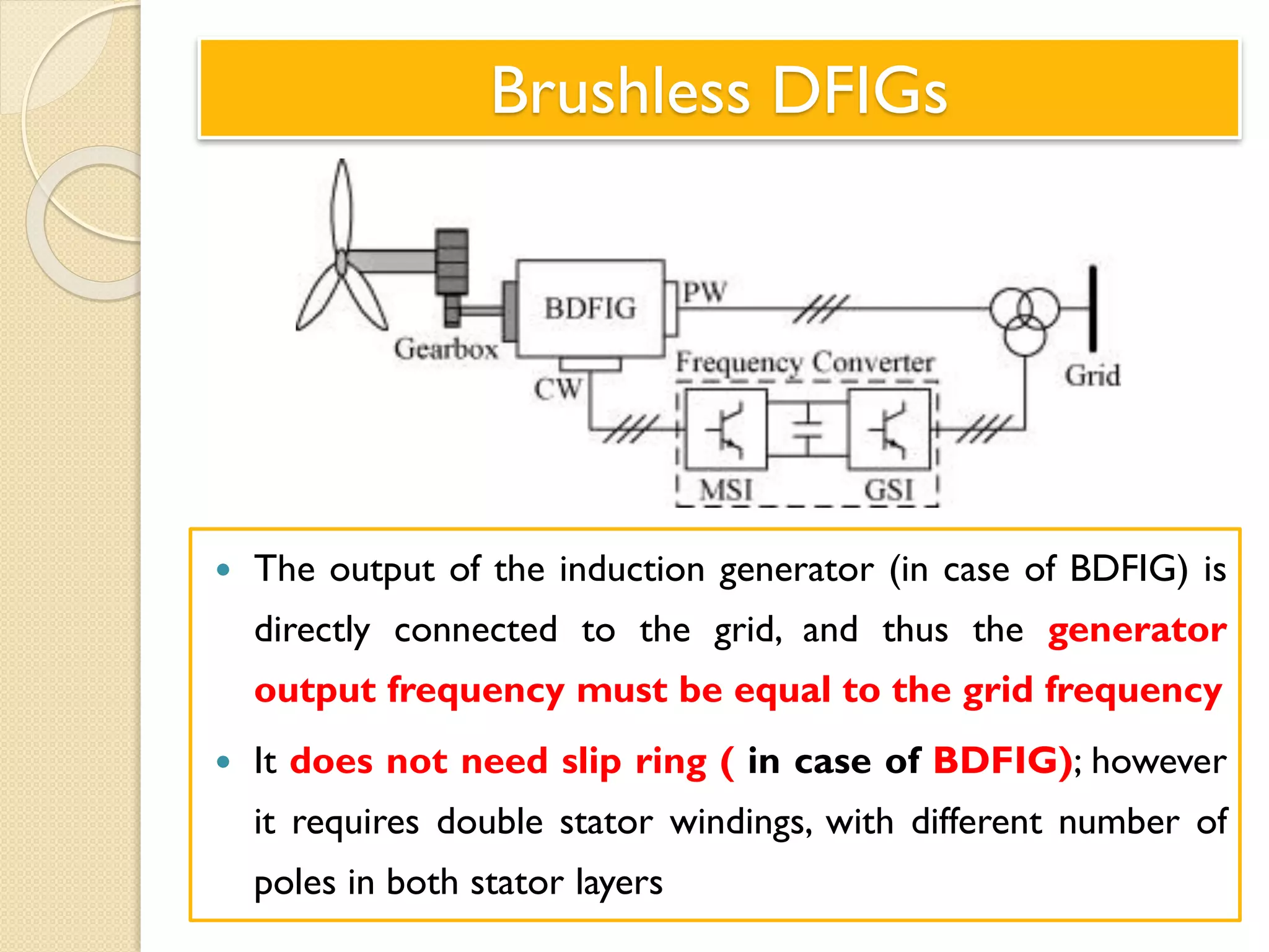Brushless DFIGs
 The output of the induction generator (in case of BDFIG) is
directly connected to the grid, and thus the generator
output frequency must be equal to the grid frequency
 It does not need slip ring ( in case of BDFIG); however
it requires double stator windings, with different number of
poles in both stator layers
 