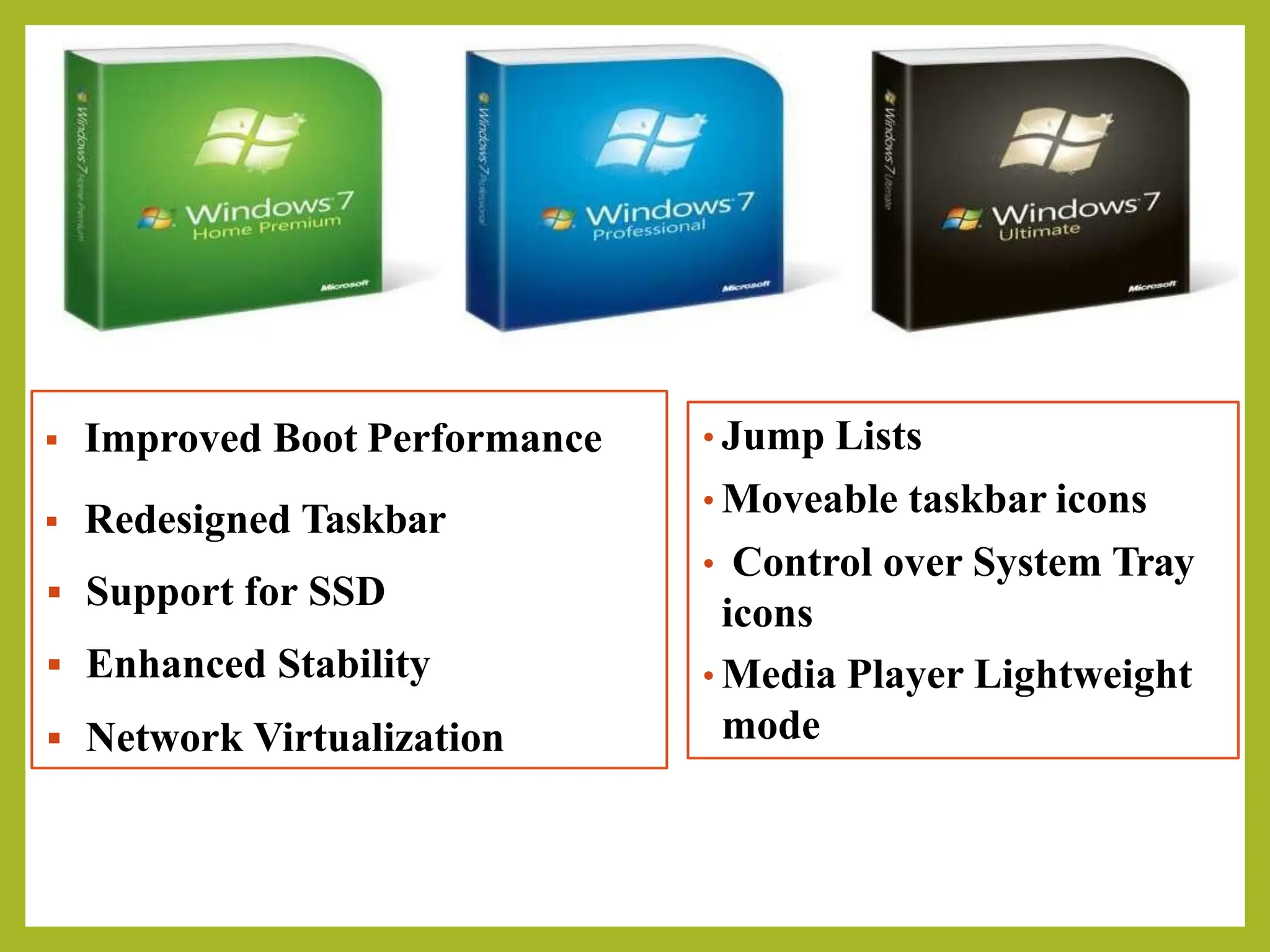 ▪ Improved Boot Performance
▪ Redesigned Taskbar
▪ Support for SSD
▪ Enhanced Stability
▪ Network Virtualization
• Jump Lists
• Moveable taskbar icons
• Control over System Tray
icons
• Media Player Lightweight
mode
 