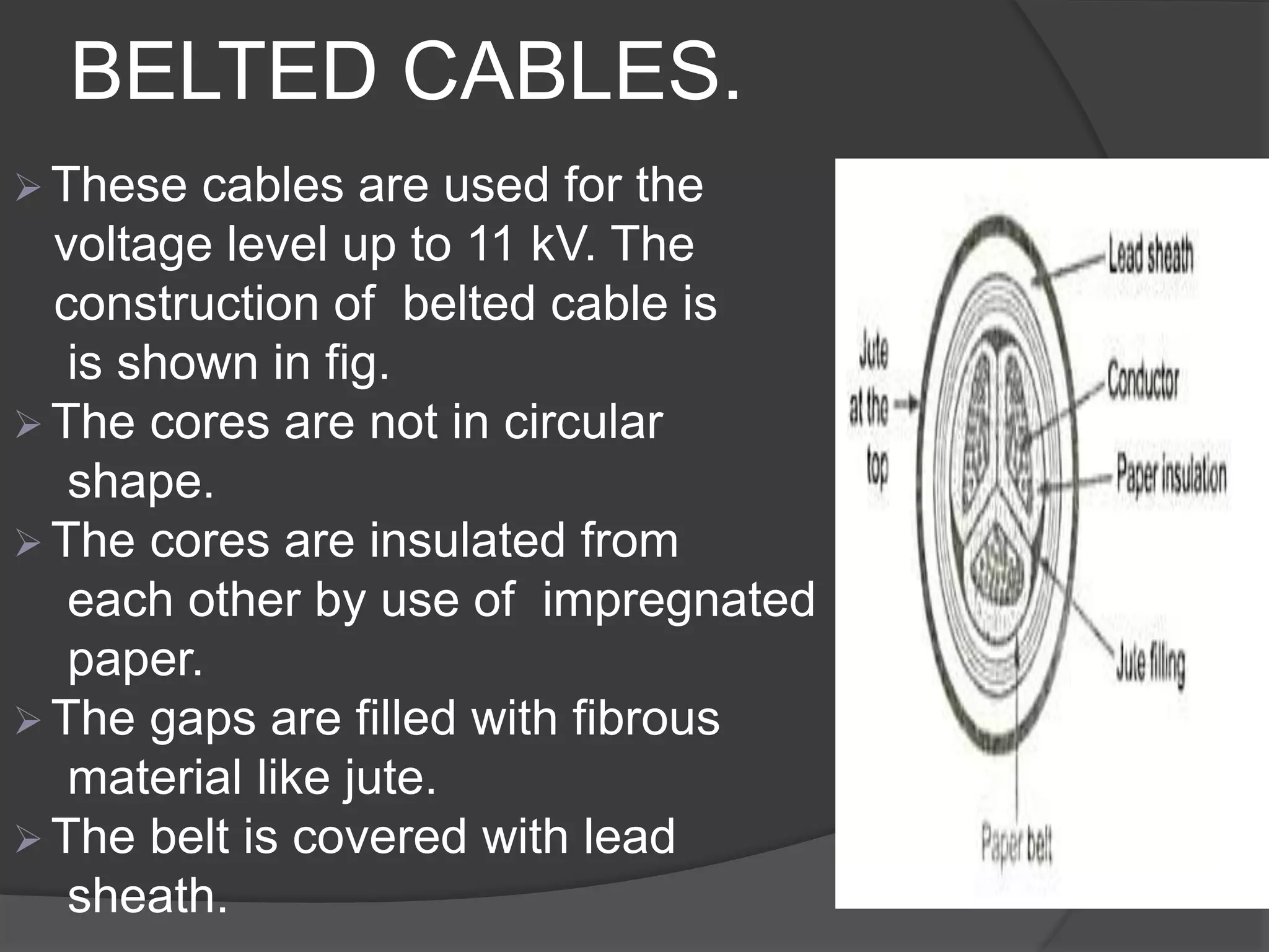 BELTED CABLES. 
These cables are used for the 
voltage level up to 11 kV. The 
construction of belted cable is 
is shown in fig. 
 The cores are not in circular 
shape. 
 The cores are insulated from 
each other by use of impregnated 
paper. 
 The gaps are filled with fibrous 
material like jute. 
 The belt is covered with lead 
sheath. 
 