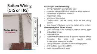Batten Wiring
(CTS or TRS)
Advantages of Batten Wiring
 Wiring installation is simple and easy
 cheap as compared to other electrical wiring systems
 Paraphrase is good and beautiful
 Repairing is easy
 strong and long-lasting
 Customization can be easily done in this wiring
system.
 less chance of leakage current in batten wiring system
Disadvantages of Batten Wiring
 Can’t be install in the humidity, Chemical effects, open
and outdoor areas.
 High risk of firs
 Not safe from external wear & tear and weather effects
(because, the wires are openly visible
to heat, dust, steam and smoke.
 Heavy wires can’t be used in batten wiring system.
 Only suitable below then 250V.
 Need more cables and wires.
 