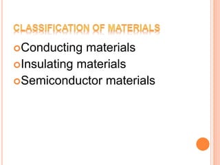 Conducting materials
Insulating materials
Semiconductor materials
 