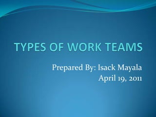 TYPES OF WORK TEAMS Prepared By: Isack Mayala April 19, 2011 