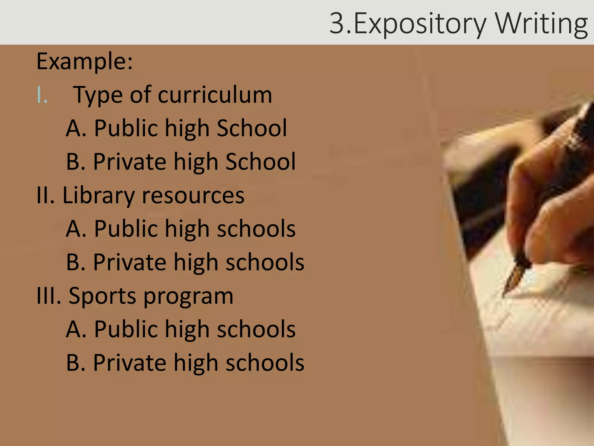 3.Expository Writing
Example:
I. Type of curriculum
A. Public high School
B. Private high School
II. Library resources
A. Public high schools
B. Private high schools
III. Sports program
A. Public high schools
B. Private high schools
 
