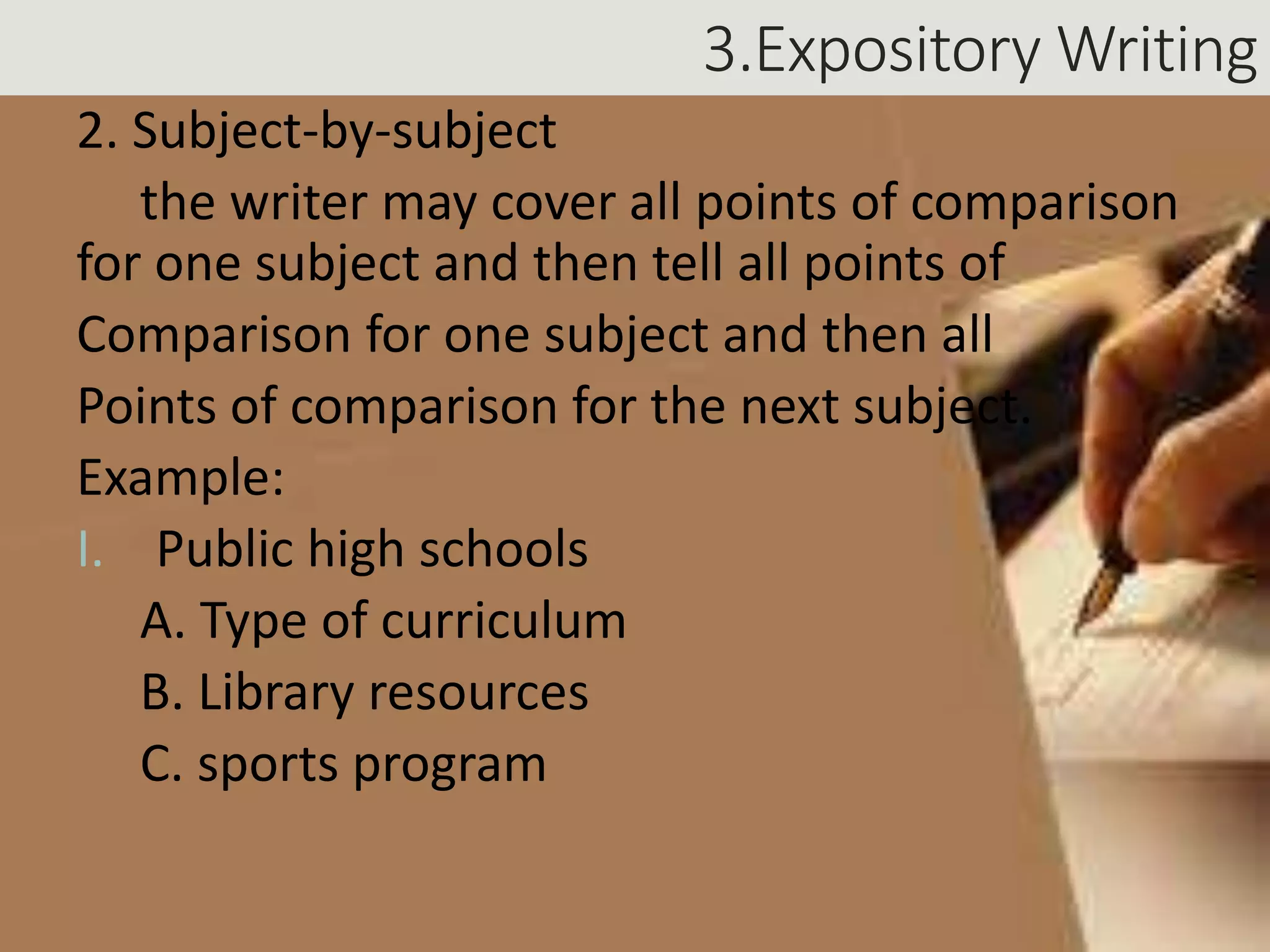 3.Expository Writing
2. Subject-by-subject
the writer may cover all points of comparison
for one subject and then tell all points of
Comparison for one subject and then all
Points of comparison for the next subject.
Example:
I. Public high schools
A. Type of curriculum
B. Library resources
C. sports program
 