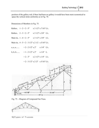 Building Technology 3 2012
position of the gallery rod; if there had been no gallery it would have been more economical to
space the vertical struts uniformly as in Fig. 70.
Dimensions of Members in Fig. 75.
Rafters.. 1 - 2 = 2 - 5"

x 3 1/2" x 7/16" L's.

Rafters.. 2 - 3 = 2 - 5"

x 3 1/2" x 3/8" L's.

Main tie.. 1 - 4 = 2 - 5"

x 3 1/2" x 3/8" L's.

Main tie.. 4 - 5 = 2 - 3 1/2" x 2 1/2 x 5/16" L's.
a, a, a.......

= 2 - 2 1/2" x 2"

x 1/4" L's.

b, b, b.......

= 1 - 2 1/2" x 2"

x 1/4" L.

= 2 - 3"

x 2 1/2" x 1/4" L's.

= 2 - 3 1/2" x 2 /2" x 5/16" L's.

Fig. 75. - Diagram of Compound Fan Truss.

10 | T y p e s o f T r u s s e s

 