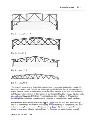 Building Technology 3 2012

Fig. 81. - Span, 30 to 36 ft.

Fig. 82.-Span. 50 ft.

Fig. 83. - Span. 57 ft.

Fig. 84. - Span, 96 ft.
The plus and minus signs in these illustrations indicate compression and tension, respectively,
under uniform dead load. The plus and minus sign together indicate that the member may be
subject to either tension or compression, according to the direction of the wind or to an uneven
distribution of snow. In most of these trusses an unsymmetrical load may change the stress in the
diagonals neat the centre of the truss. Trusses like those shown by Figs. 80-84 are almost
invariably built with riveted connections and with angle or channel shapes for all members.
For Horizontal Steel Trusses Intended to Support Floor Loads, the Pratt truss shown by Figs. 85
and 86 is best adapted, the members indicated by double lines being in compression, and those
indicated by single lines in tension. When supporting floors subject to moving loads, counter ties
should be inserted as indicated by dotted lines. For this truss, pin connections are generally
14 | T y p e s o f T r u s s e s

 