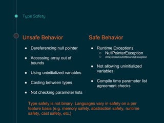 Type Safety
Unsafe Behavior
● Dereferencing null pointer
● Accessing array out of
bounds
● Using uninitialized variables
● Casting between types
● Not checking parameter lists
Safe Behavior
● Runtime Exceptions
○ NullPointerException
○ ArrayIndexOutOfBoundsException
● Not allowing uninitialized
variables
● Compile time parameter list
agreement checks
Type safety is not binary. Languages vary in safety on a per
feature basis (e.g. memory safety, abstraction safety, runtime
safety, cast safety, etc.)
 