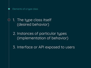 Elements of a type class
1. The type class itself
(desired behavior)
2. Instances of particular types
(implementation of behavior)
3. Interface or API exposed to users
 