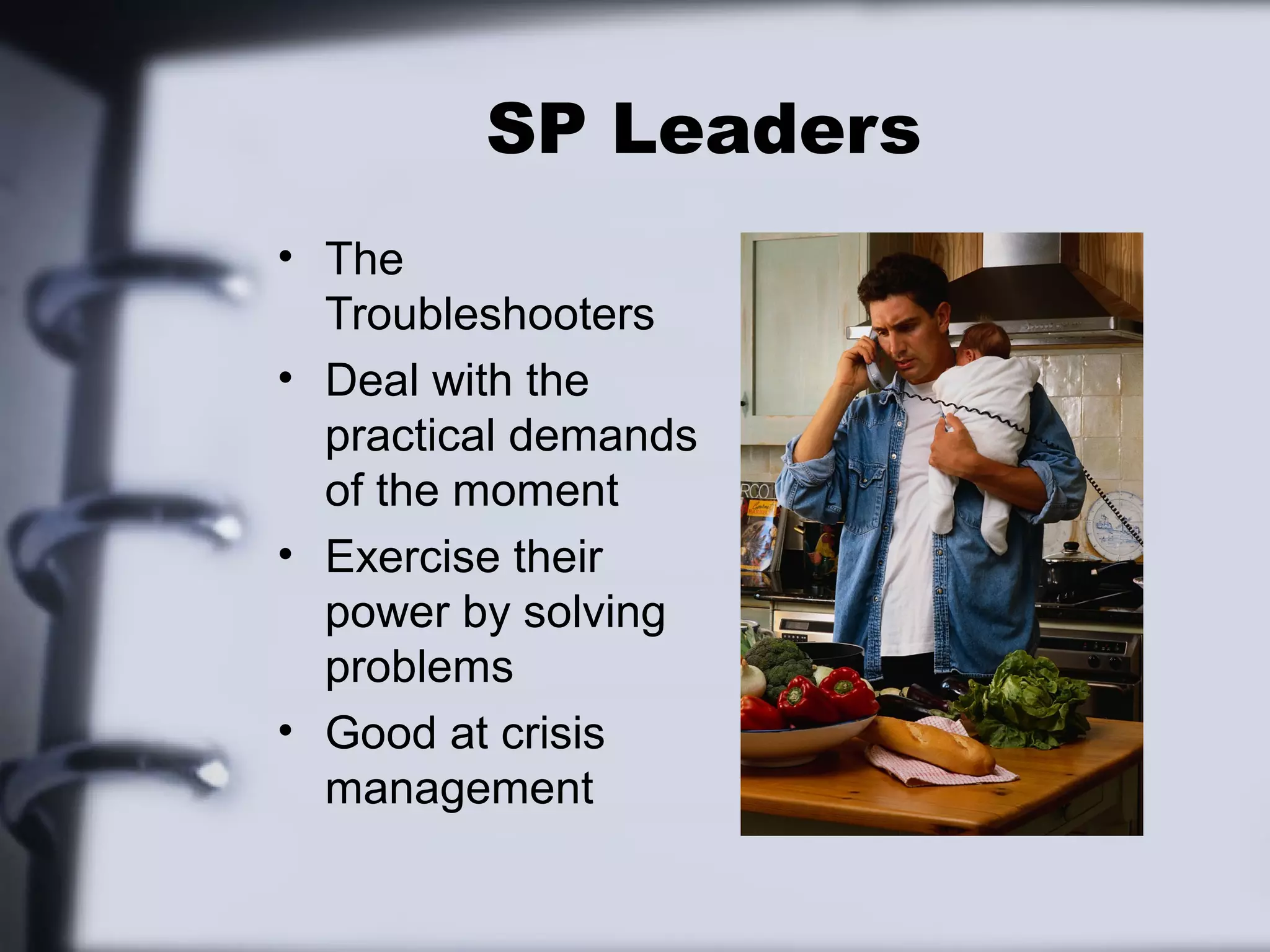 SP Leaders
• The
  Troubleshooters
• Deal with the
  practical demands
  of the moment
• Exercise their
  power by solving
  problems
• Good at crisis
  management
 