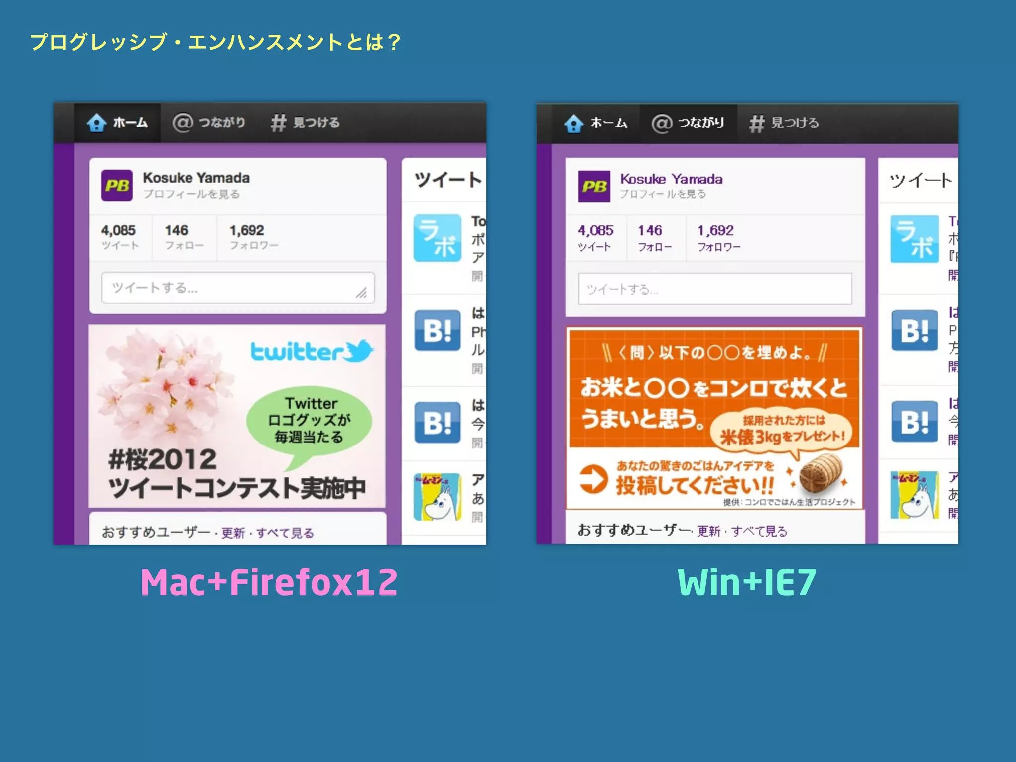 プログレッシブ・エンハンスメントとは？




     Mac+Firefox12    Win+IE7
 