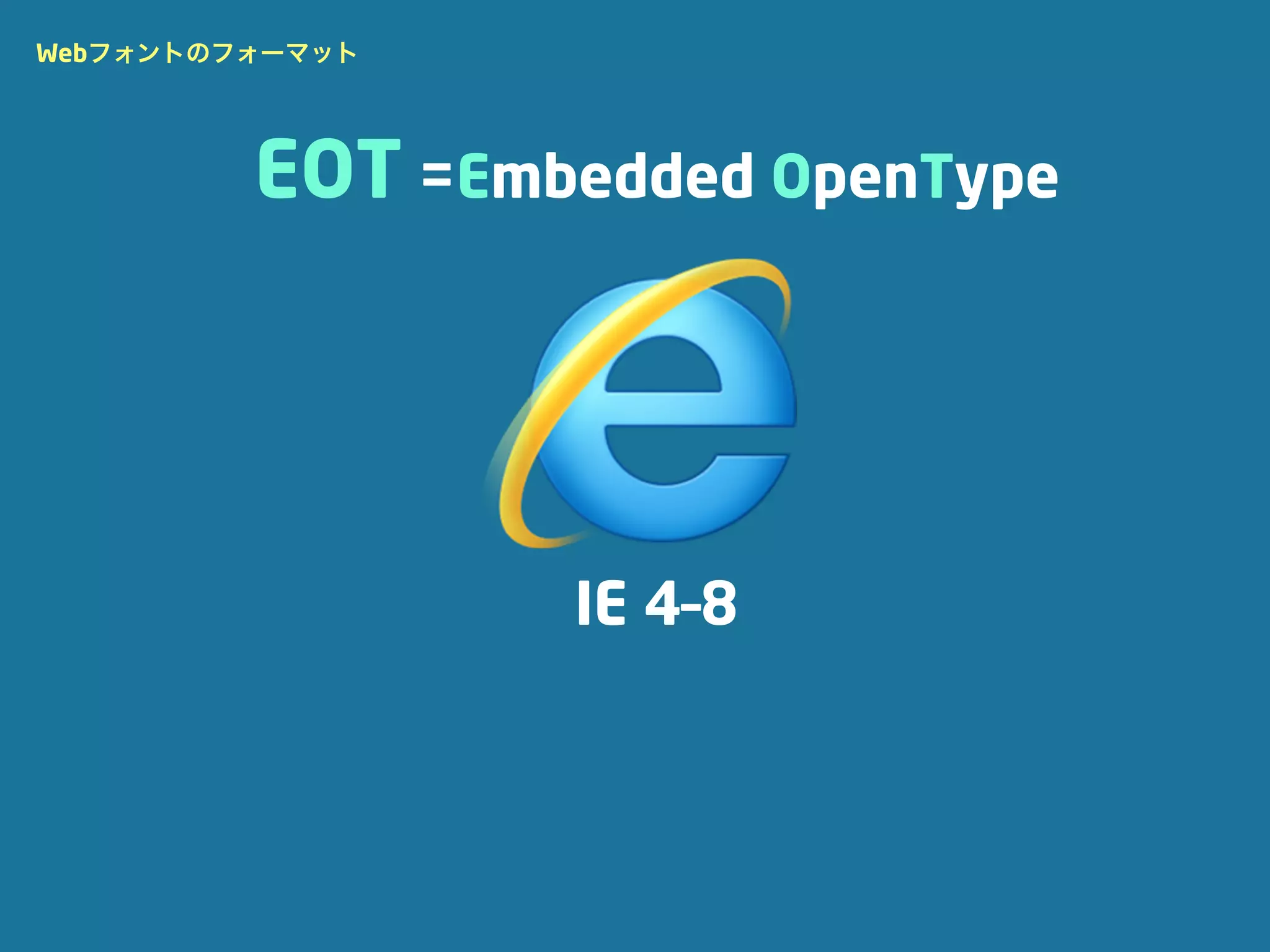 Webフォントのフォーマット




         EOT =Embedded OpenType




                 IE 4–8
 
