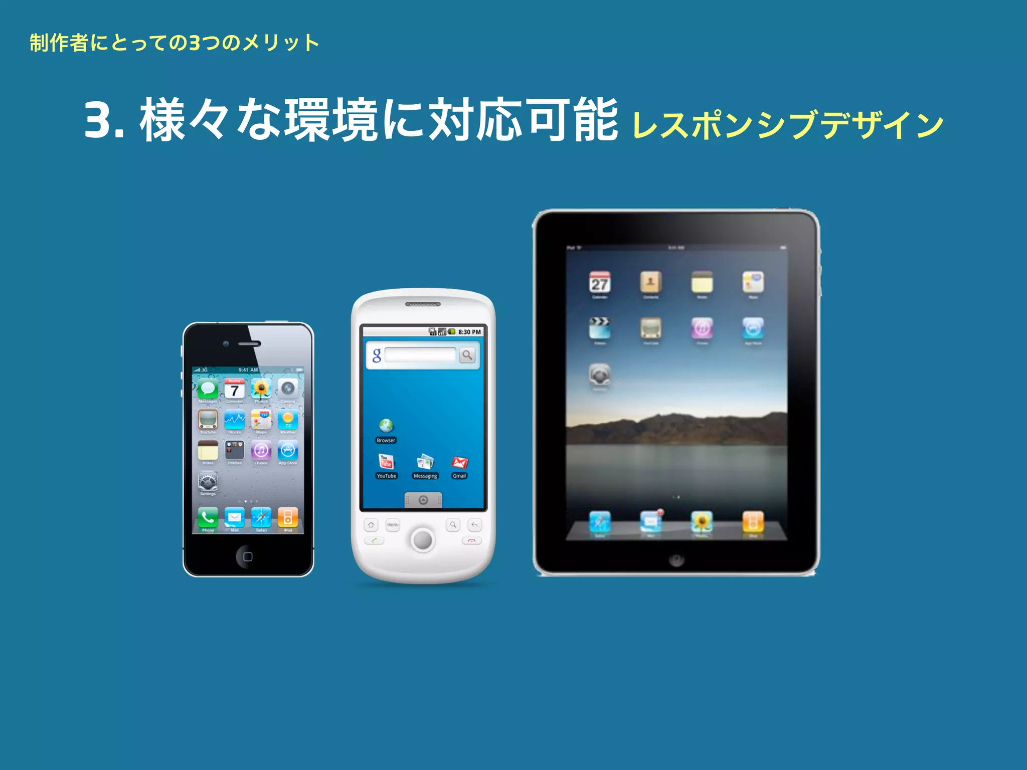 制作者にとっての3つのメリット



  3. 様々な環境に対応可能 レスポンシブデザイン
 