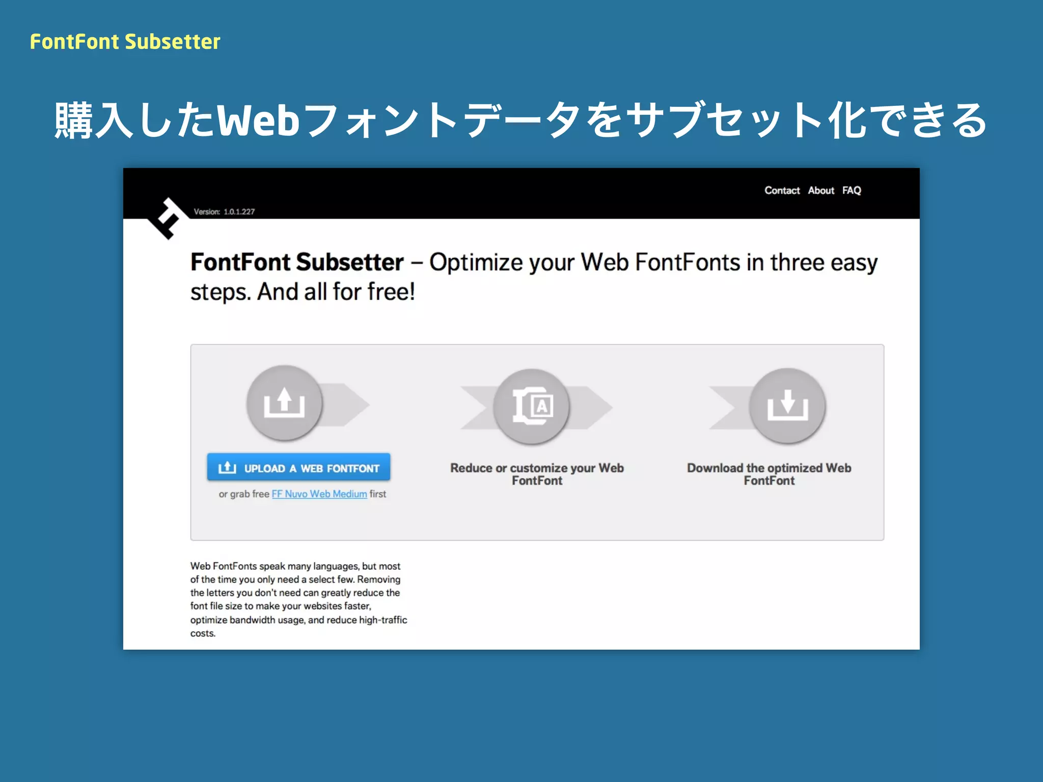 FontFont Subsetter



  購入したWebフォントデータをサブセット化できる
 