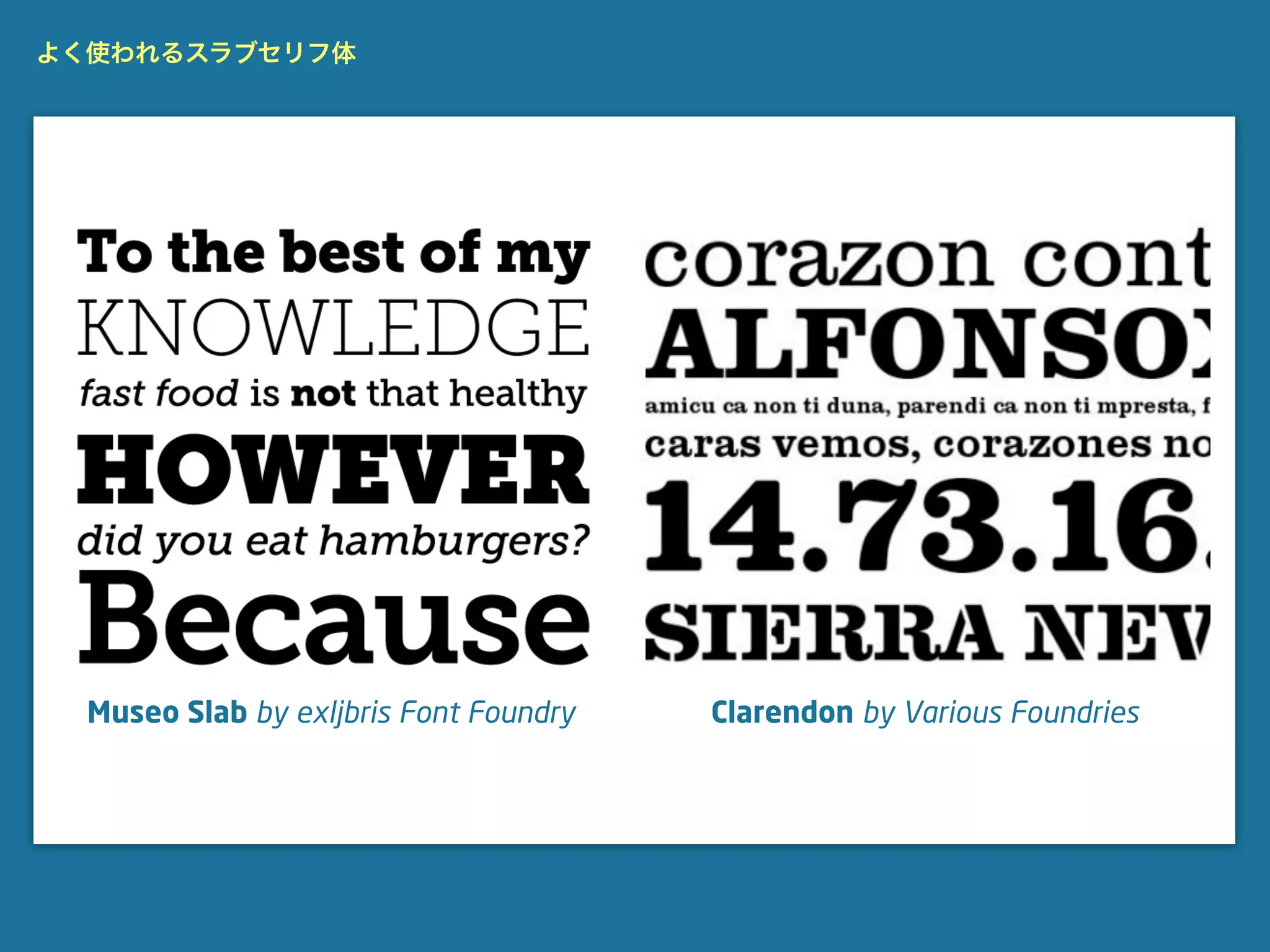 よく使われるスラブセリフ体




  Museo Slab by exljbris Font Foundry   Clarendon by Various Foundries
 