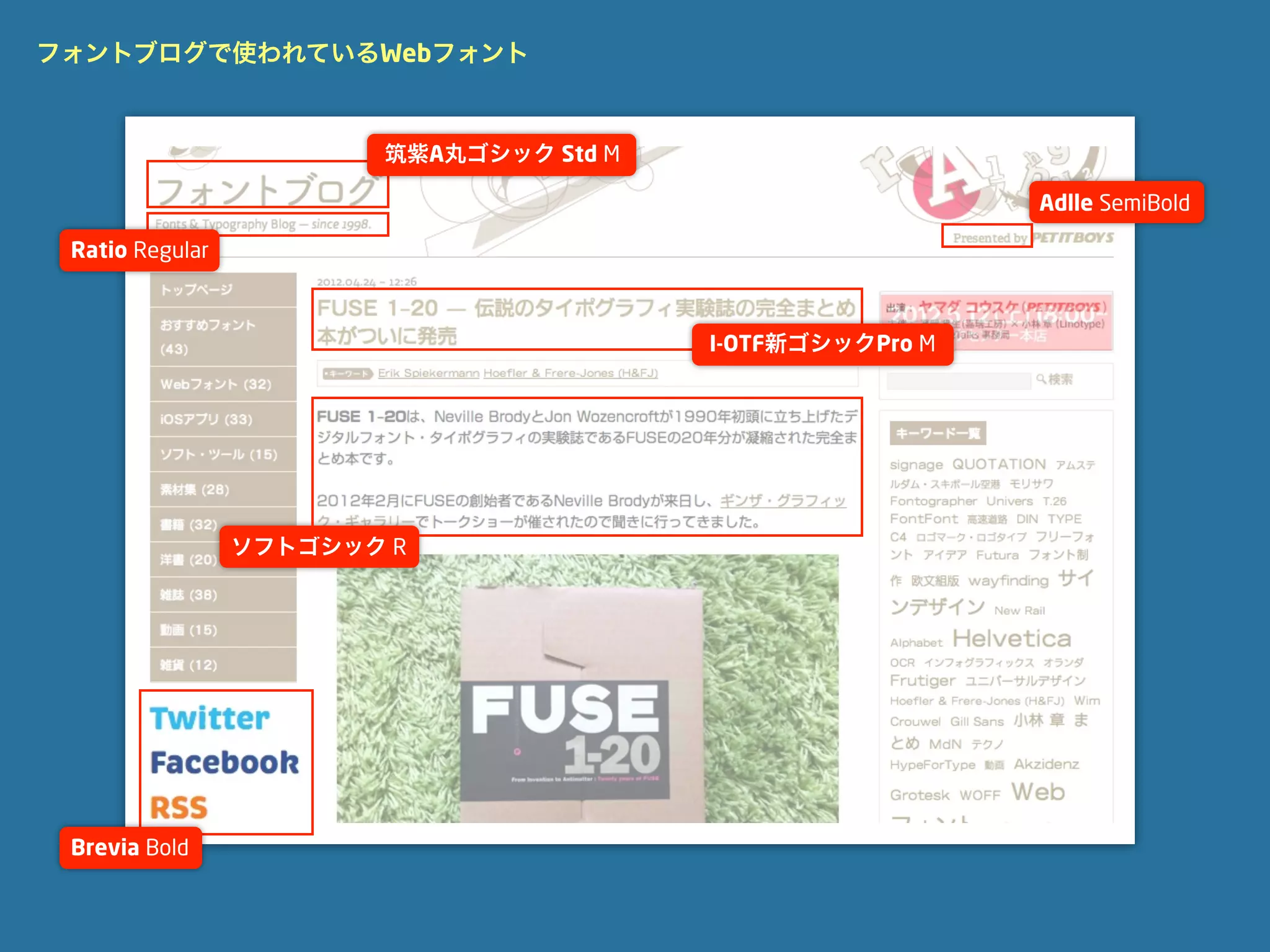 フォントブログで使われているWebフォント



                        筑紫A丸ゴシック Std M

                                                           Adlle SemiBold

 Ratio Regular



                                         I-OTF新ゴシックPro M




                 ソフトゴシック R




 Brevia Bold
 