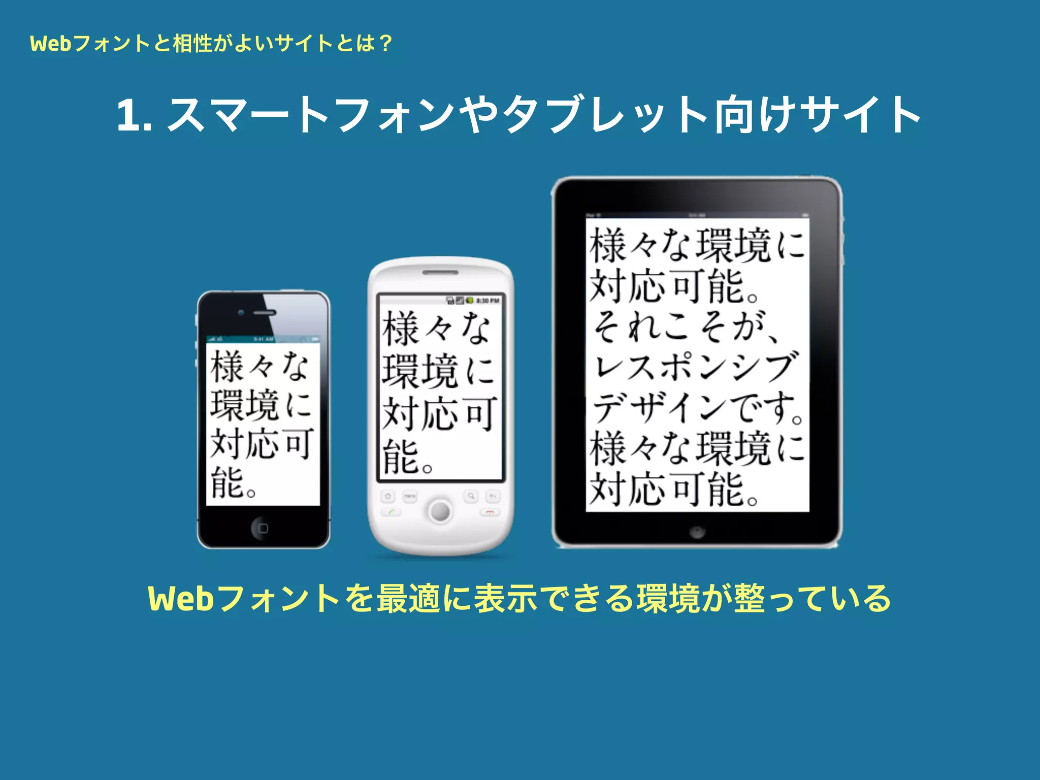 Webフォントと相性がよいサイトとは？


    1. スマートフォンやタブレット向けサイト




      Webフォントを最適に表示できる環境が整っている
 