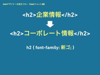 Webデザイナーの修正フロー【Webフォント編】




          <h2>企業情報</h2>

   <h2>コーポレート情報</h2>

             h2 { font-family: 新ゴ; }
 