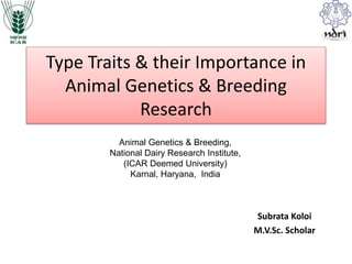 Type Traits & their Importance in
Animal Genetics & Breeding
Research
Subrata Koloi
M.V.Sc. Scholar
Animal Genetics & Breeding,
National Dairy Research Institute,
(ICAR Deemed University)
Karnal, Haryana, India
 