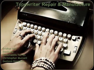Typewriter Repair & Manufacture




Sridhar Iyer
David Ha
Radamantis Torres
Christopher Munsell
Gustavo Gonzalez
 