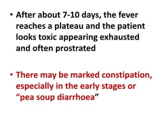 • After about 7-10 days, the fever
reaches a plateau and the patient
looks toxic appearing exhausted
and often prostrated
• There may be marked constipation,
especially in the early stages or
“pea soup diarrhoea”
 