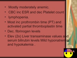 Mostly moderately anemic. CBC inc ESR and dec Platelet count lymphopenia.  Most inc prothrombin time (PT) and activated partial thromboplastin time Dec. fibrinogen levels  Elev (2x) Liver transaminase values and serum bilirubin levels Mild hyponatremia and hypokalemia . 