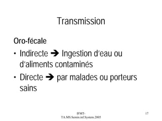 Transmission
Oro-fécale

• Indirecte
Ingestion d’eau ou
d’aliments contaminés
• Directe
par malades ou porteurs
sains
IFMTTA.MS.Semin.inf.System.2005

17

 