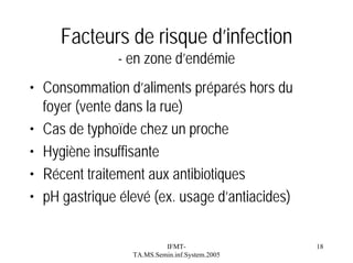 Facteurs de risque d’infection
- en zone d’endémie
• Consommation d’aliments préparés hors du
foyer (vente dans la rue)
• Cas de typhoïde chez un proche
• Hygiène insuffisante
• Récent traitement aux antibiotiques
• pH gastrique élevé (ex. usage d’antiacides)
IFMTTA.MS.Semin.inf.System.2005

18

 