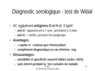 Diagnostic sérologique - test de Widal
• AC agglutinant antigènes O et H de S typhi
– anti-O : apparaissent à 1 sem., persisitent 2-3 mois
– anti-H : + tardifs, persister très longtemps

• Avantages:
– + rapide et - coûteux que l’hémoculture
– complément diagnostique en cas d’hémoc. nég.

• Désavantages:
– sensibilité et spécificité souvent faibles (ordre ≈50%)
– sans intérêt pendant la 1ère semaine de maladie
IFMTTA.MS.Semin.inf.System.2005

33

 
