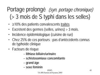 Portage prolongé (syn. portage chronique)
(> 3 mois de S typhi dans les selles)
≥10% des patients convalescents traités
Excrètent des germes (selles, urines) > 3 mois.
Incidence épidémiologique (cuisine de rue)
Chez 25% de ces porteurs : pas d’antécédents connus
de typhoïde clinique
• Facteurs de risque
•
•
•
•

– lithiase biliaire/urinaire
– schistosomiase concomitante
– grand âge
– sexe féminin
IFMTTA.MS.Semin.inf.System.2005

45

 