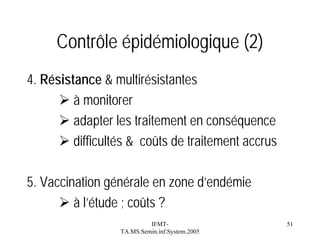 Contrôle épidémiologique (2)
4. Résistance & multirésistantes
à monitorer
adapter les traitement en conséquence
difficultés & coûts de traitement accrus
5. Vaccination générale en zone d’endémie
à l’étude ; coûts ?
IFMTTA.MS.Semin.inf.System.2005

51

 