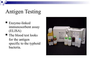 Antigen Testing


Enzyme-linked
immunosorbent assay
(ELISA)
The blood test looks
for the antigen
specific to the typhoid
bacteria.
 