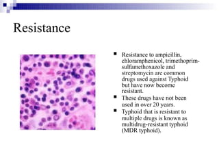 Resistance



Resistance to ampicillin,
chloramphenicol, trimethoprim-
sulfamethoxazole and
streptomycin are common
drugs used against Typhoid
but have now become
resistant.
These drugs have not been
used in over 20 years.
Typhoid that is resistant to
multiple drugs is known as
multidrug-resistant typhoid
(MDR typhoid).
 